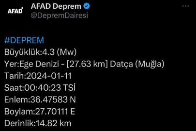 Muğla'da 4,3 büyüklüğünde deprem